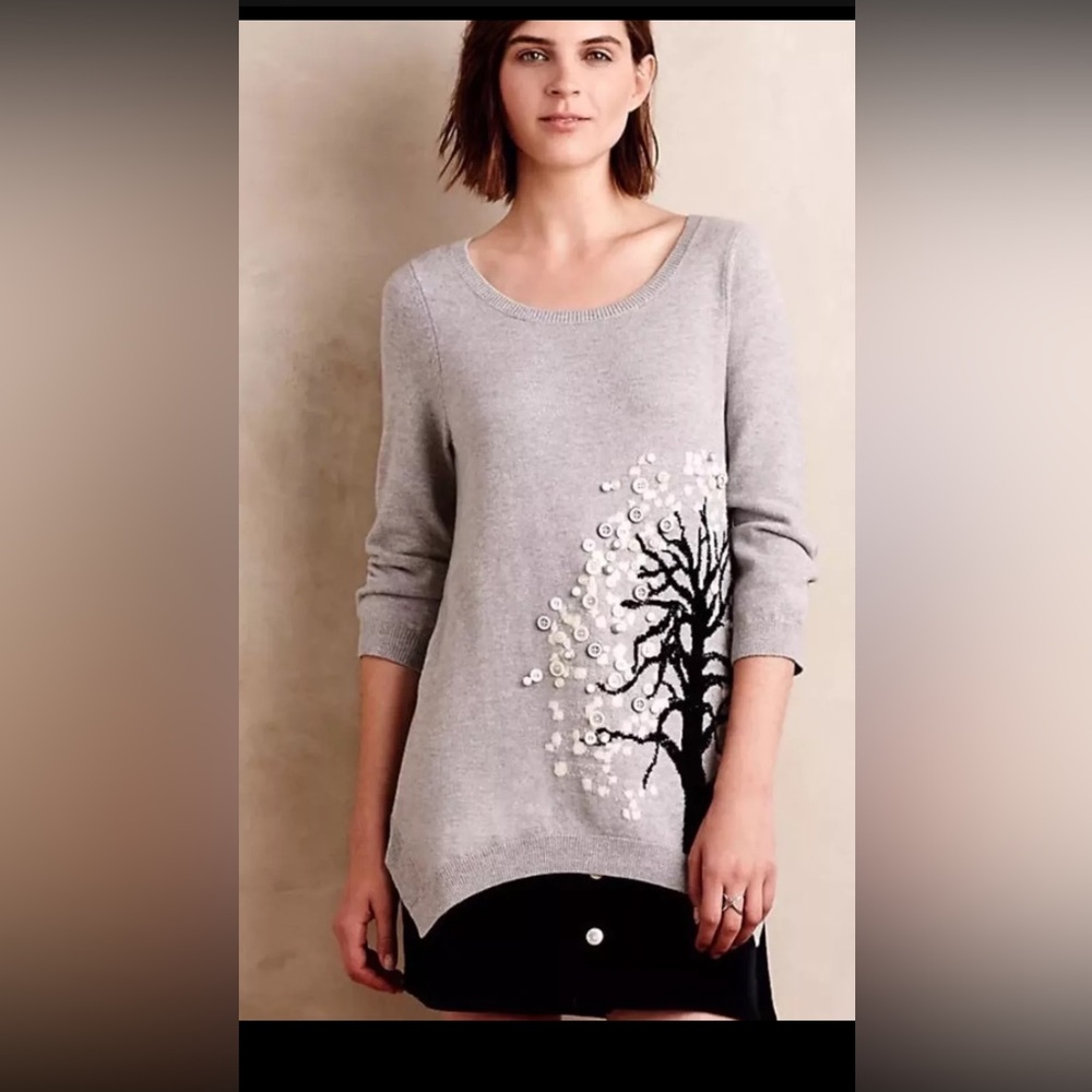 Anthropologie Gray Tree Embellished Tunic Sweater